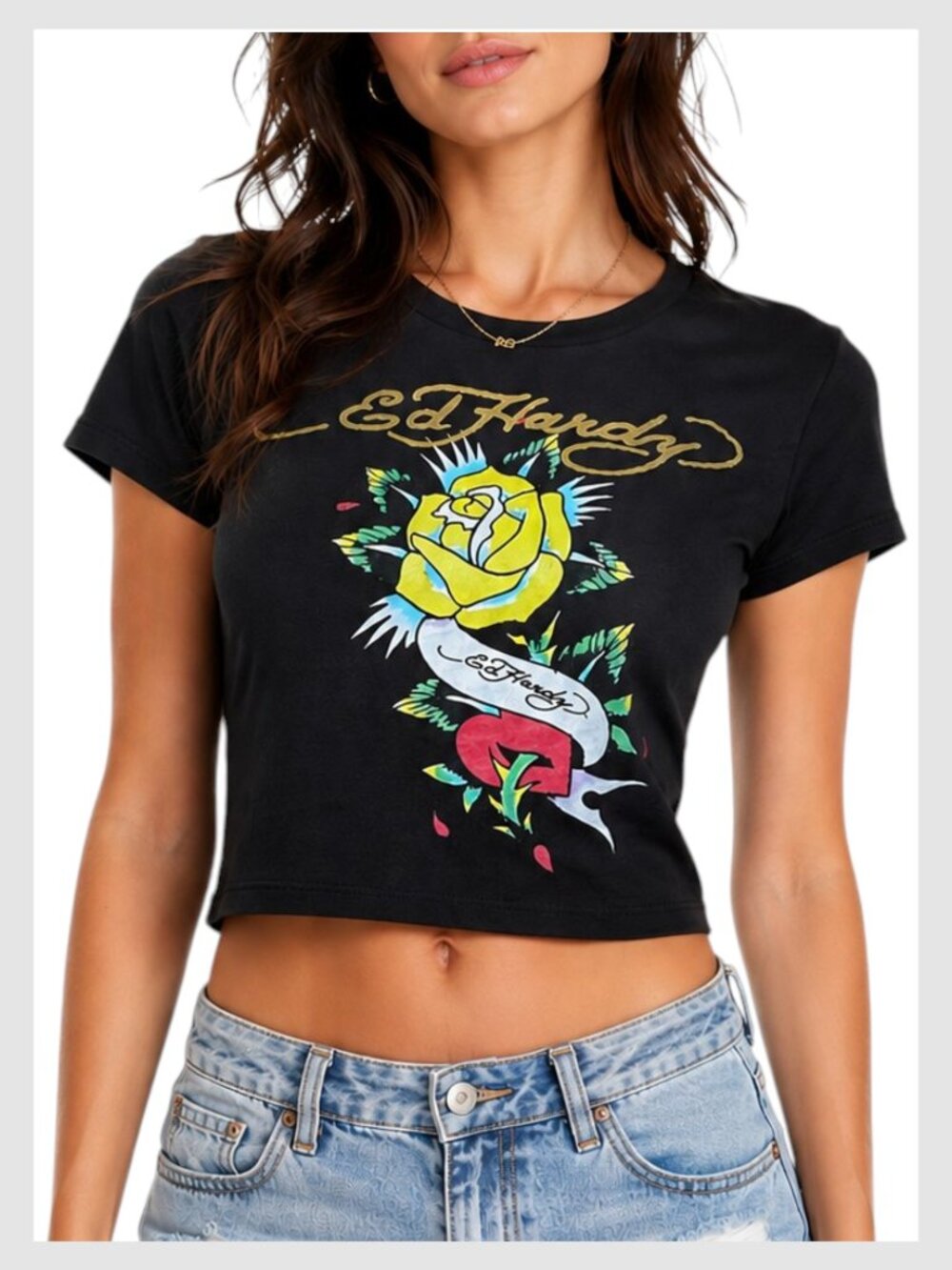 Ed Hardy Baby Tee Crop Black Yellow Rose M